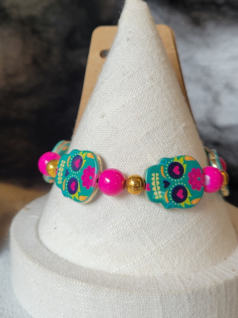 Day of the Dead Turquoise & Pink Sugar Skull Beaded Bracelet